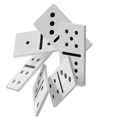 Un'illustrazione 3D minimalista di tessere domino bianche disposte in un cerchio dinamico in caduta su uno sfondo trasparente. I domino presentano i classici puntini neri e creano una sensazione di movimento, rendendo l'immagine ideale per contenuti su giochi da tavolo, strategia, logica, intrattenimento o comunità di gioco.